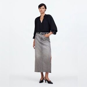 NWT Madewell Women Denim Jean Side-Slit Midi Skirt in Hallandale Gray Wash - 27